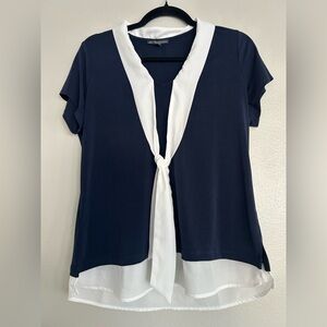 Adrianna Papell Top Sz Medium Navy White Tie Nautical Flowy Blouse
